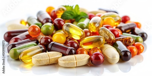 Close up of various vitamins and supplements on a white background, vitamins, supplements, health