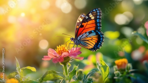 A vibrant butterfly with colorful wings gently lands on a blooming flower, basking in the sunlight of a bright garden.