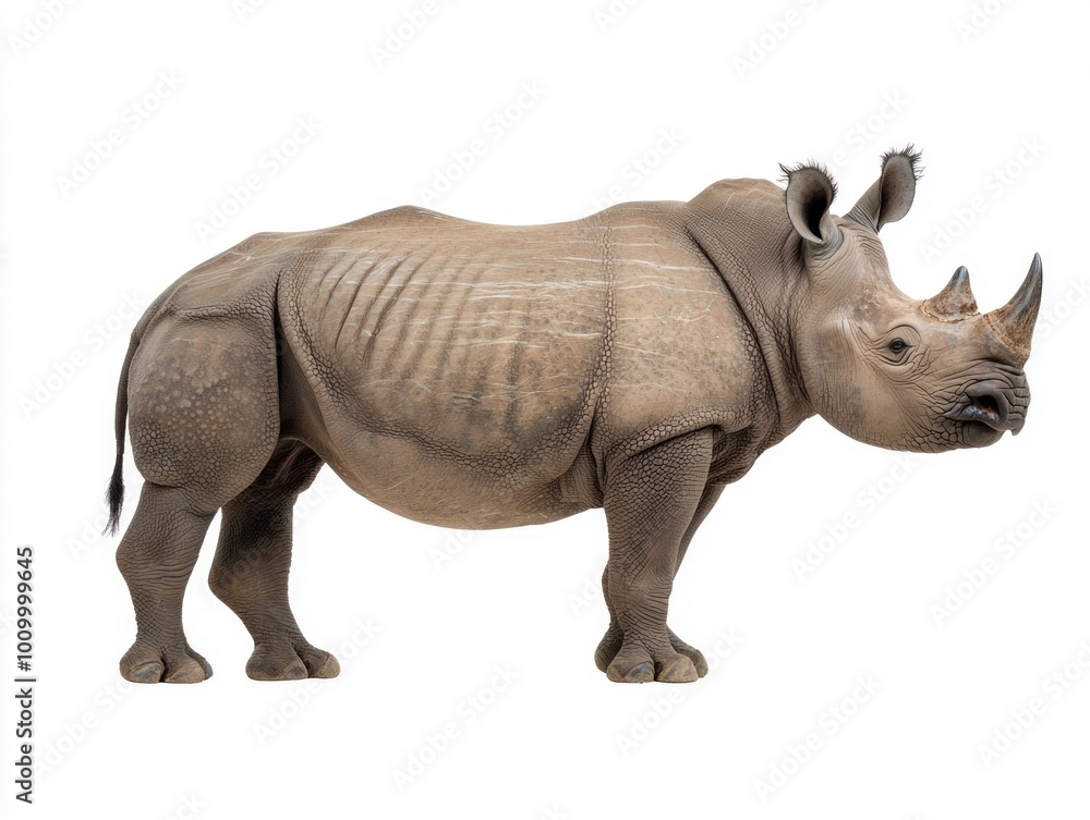 Fototapeta premium solitary black rhino stands proudly, its muscular frame highlighted against a stark white background, showcasing its impressive horn and resilient spirit.