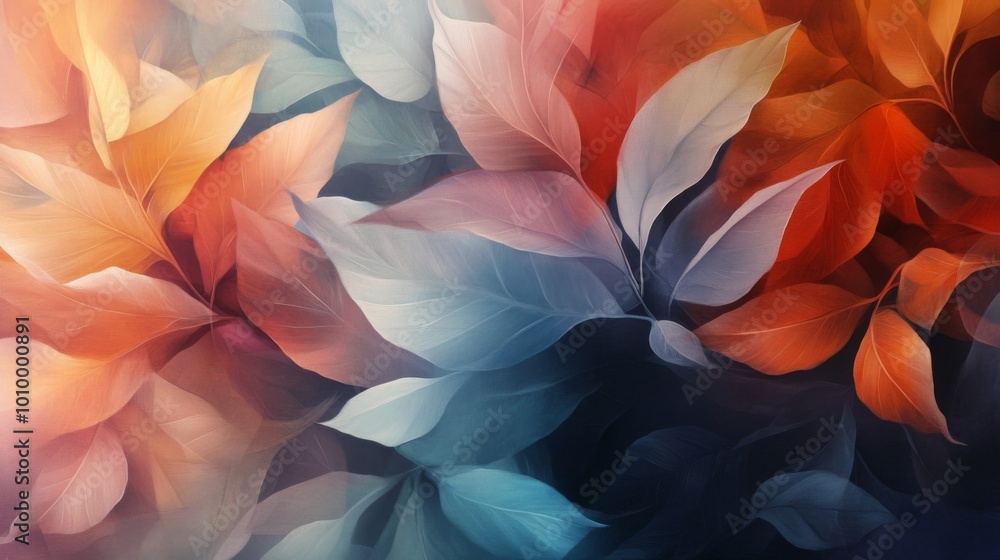 Fototapeta premium A vibrant abstract illustration featuring a close-up of colorful leaves, with a soft, dreamy feel.
