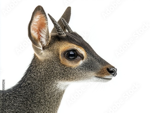 blue duiker poses gracefully, highlighting its striking features and small horns. The sleek creature embodies elegance, isolated in a minimalistic setting that accentuates its beauty. photo