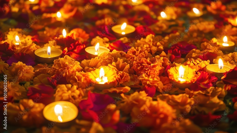 Glowing Marigold Petals and Floating Candles in Vivid Colors Glowing Marigold Petals and Floating Candles in Vivid Colors