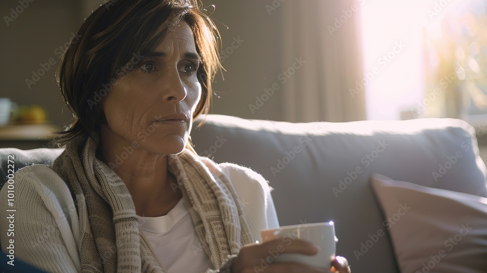 A woman in her late 40s sits on a comfortable couch, holding a warm cup of tea with a contemplative expression. Peaceful,serene,calm,tranquil,cozy,inviting,relaxing A woman in her late 40s sits on a comfortable couch, holding a warm cup of tea with a contemplative expression. Peaceful,serene,calm,tranquil,cozy,inviting,relaxing