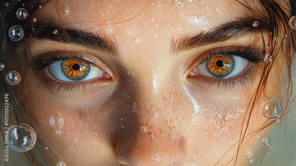 Close-up of a person's eyes with water droplets and bubbles. Close-up of a person's eyes with water droplets and bubbles.