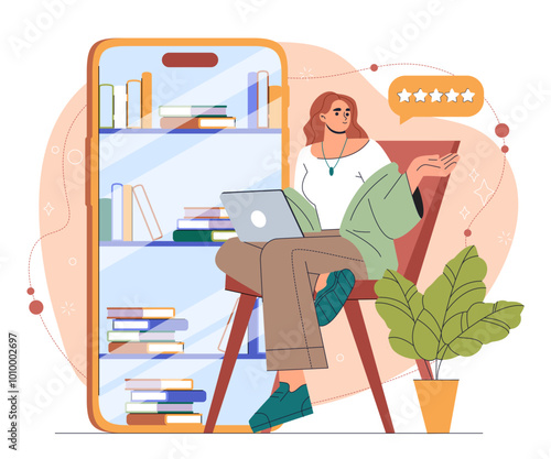 Woman with Ebooks. Young girl near huge smartphone with bookshelves. Digital bookstore with electronic books. Encyclopedia and dictionary. Love for reading and literature. Flat vector illustration