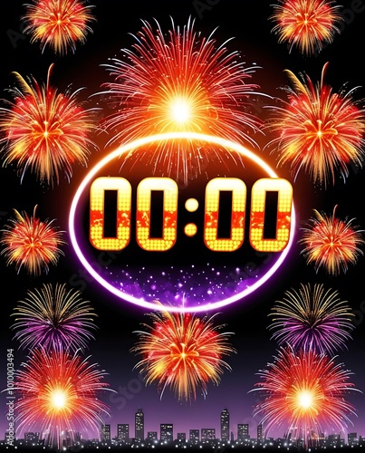 As the countdown clock strikes 00.00, the midnight sky erupts in a colorful firework display, celebration of the Happy New Year with festive lights and sparkling greeting joy, eve, twelve (9) photo