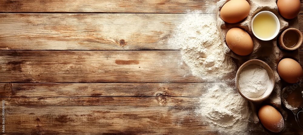 Brown Eggs, Butter Bowl, Flour, Baking Ingredients On Rustic, Wooden Table With Copy Space, Top View Brown Eggs, Butter Bowl, Flour, Baking Ingredients On Rustic, Wooden Table With Copy Space, Top View