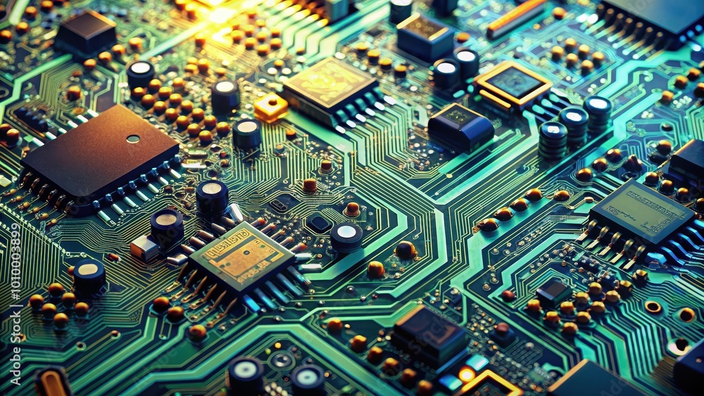 Electronic circuit board close up with intricate circuitry and components , technology, electronics, motherboard Electronic circuit board close up with intricate circuitry and components , technology, electronics, motherboard