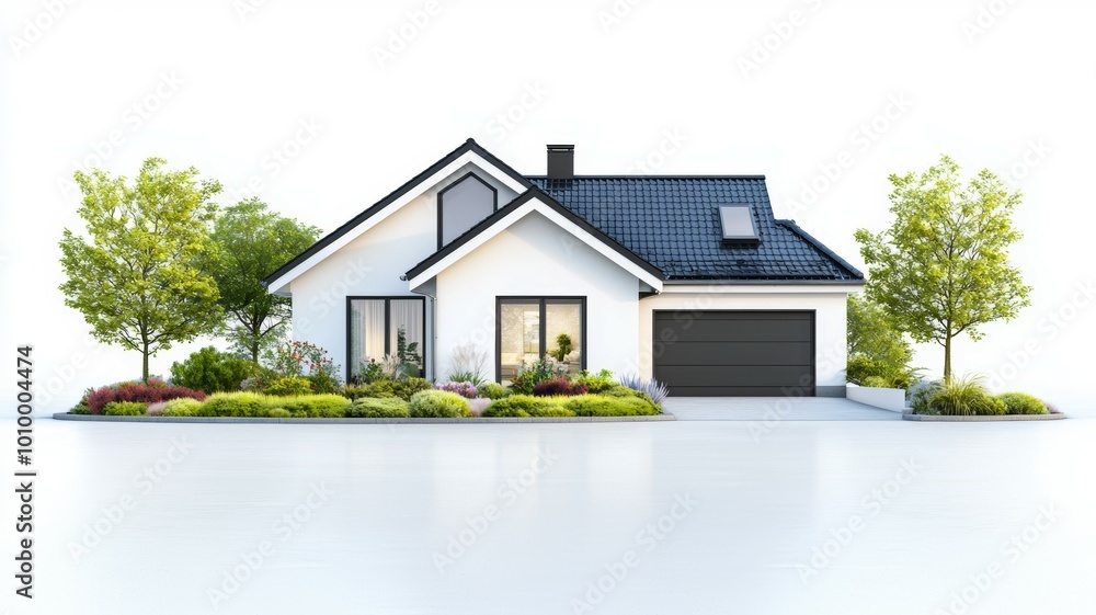 A house with a black roof and a white trim A house with a black roof and a white trim
