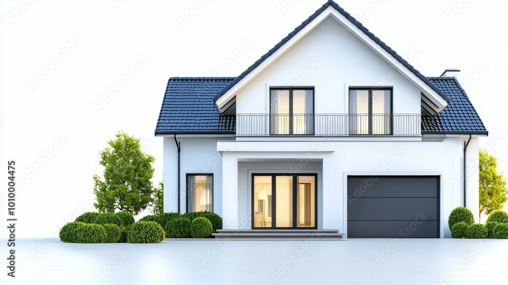 A large white house with a blue roof and a black garage door A large white house with a blue roof and a black garage door