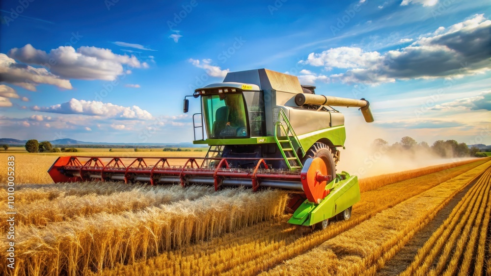 Obraz premium Close-up view of a modern combine harvester harvesting crops in a field, harvesting, agriculture, machinery, farm, technology