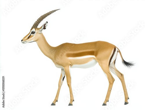 gazelle stands elegantly in profile, displaying its long, beautifully curved horns. The striking features contrast against the pristine white backdrop, highlighting its grace and beauty.