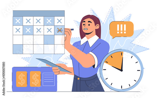 Woman with financial strain. Young girl crosses out dates on calendar. Time management and deadline pressure. Person with credit debt. Flat vector illustration isolated on white background