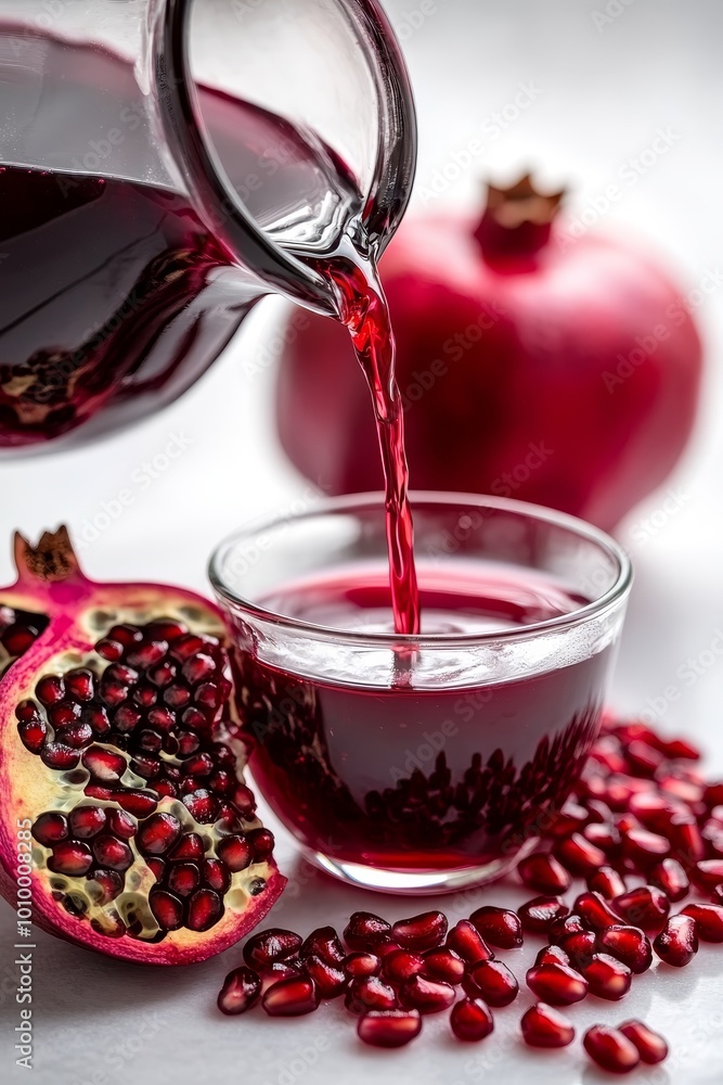 Freshly Squeezed Pomegranate Juice Pouring Into A Glass, Isolated On White Background Freshly Squeezed Pomegranate Juice Pouring Into A Glass, Isolated On White Background