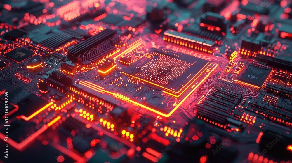Close-up of a glowing red circuit board with a processor in the center Close-up of a glowing red circuit board with a processor in the center