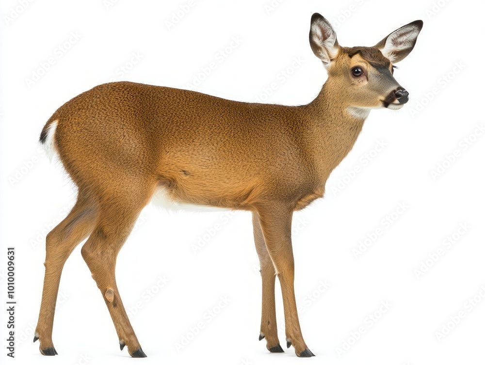 Fototapeta premium charming muntjac deer stands confidently, featuring small antlers and a sleek coat. Its short legs and alert posture highlight its natural elegance and unique characteristics.