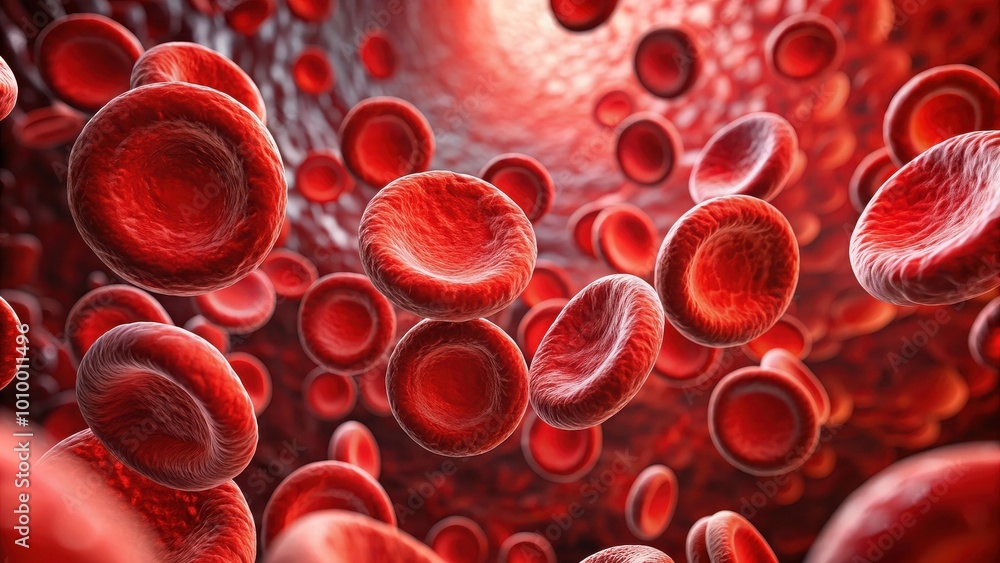 Close-up of red blood cells in the bloodstream, polycythemia vera, blood cancer, red blood cells Close-up of red blood cells in the bloodstream, polycythemia vera, blood cancer, red blood cells