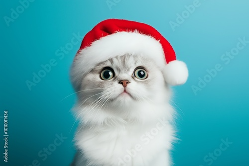 A fluffy cat wearing a Santa hat against a blue background, perfect for holiday cheer.