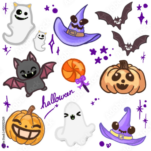 Adorable Halloween Cartoon Illustration – Featuring Bats, Ghosts, Pumpkins, and Witch Hat for Halloween Designs, Banners, Invitations, Posters, and Social Media Graphics – Fun and Cute Halloween Art photo