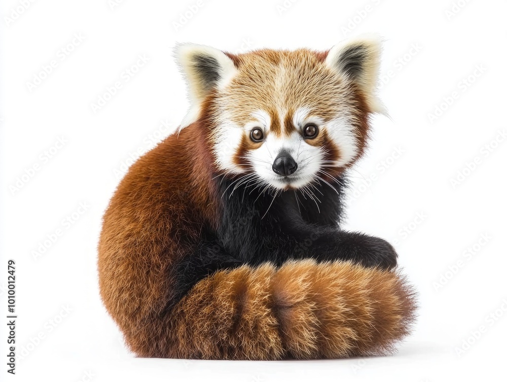 captivating creature sits serenely, its bushy tail wrapped around its body, highlighting the unique colors and patterns of its fur against a pristine white background. captivating creature sits serenely, its bushy tail wrapped around its body, highlighting the unique colors and patterns of its fur against a pristine white background.