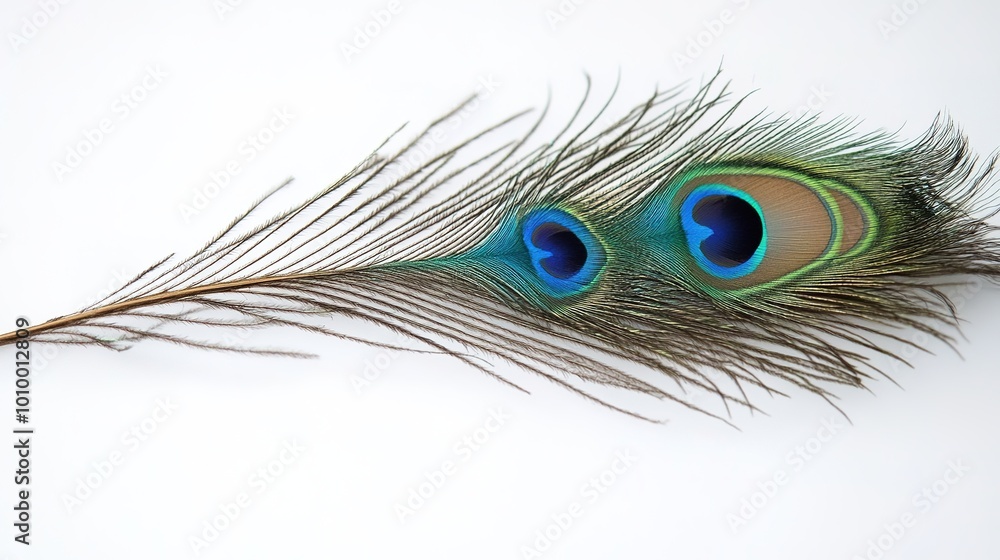 Obraz premium A stunning peacock displaying its vibrant plumage, accompanied by a beautifully detailed feather, showcasing the elegance and grace of this magnificent bird. The rich colors and intricate patterns