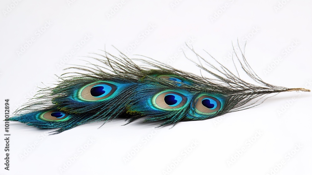 Obraz premium A stunning peacock displaying its vibrant plumage, accompanied by a beautifully detailed feather, showcasing the elegance and grace of this magnificent bird. The rich colors and intricate patterns