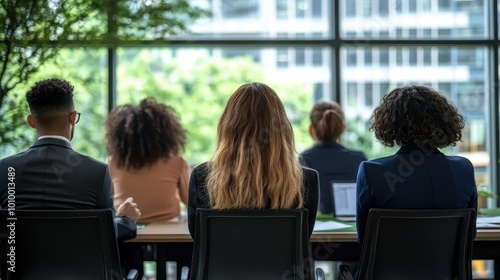 Group of Diverse Professionals Seated by a Window Overlooking the City