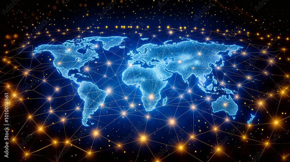 a glowing world map overlaid with network lines, illustration of a global world and the influence of the World Wide Web a glowing world map overlaid with network lines, illustration of a global world and the influence of the World Wide Web