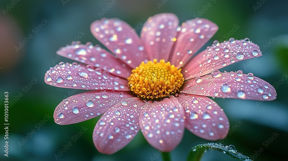 Dew-Covered Pink Flower with Yellow Center Dew-Covered Pink Flower with Yellow Center