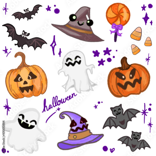 Adorable Halloween Cartoon Illustration – Featuring Bats, Ghosts, Pumpkins, and Witch Hat for Halloween Designs, Banners, Invitations, Posters, and Social Media Graphics – Fun and Cute Halloween Art photo