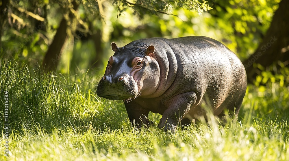 A charming pygmy hippo walking through tall grass in a dense forest, with lush greenery and dappled sunlight filtering through the trees. This enchanting scene captures the serene beauty of nature, A charming pygmy hippo walking through tall grass in a dense forest, with lush greenery and dappled sunlight filtering through the trees. This enchanting scene captures the serene beauty of nature,
