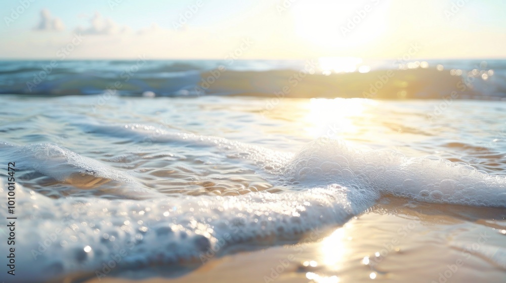Fototapeta premium Ocean waves gently washing onto the sandy shore during a morning sunrise. The scene captures the tranquil beauty of the sea with sunlight reflecting on the water and foam.