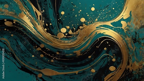 Abstract digital artwork featuring a dynamic composition with a flowing, ribbon like gold element that curves across the green and black paint style background  photo