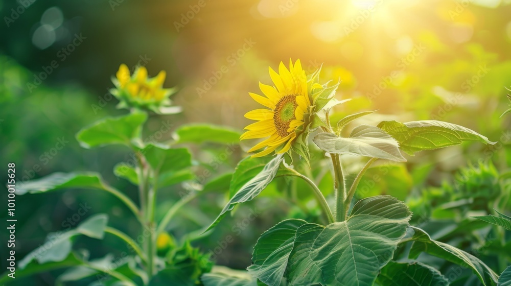 A bright and vibrant sunflower basking in the sunlight, surrounded by lush green leaves, representing growth, positivity, and the beauty of nature's simplicity and resilience. A bright and vibrant sunflower basking in the sunlight, surrounded by lush green leaves, representing growth, positivity, and the beauty of nature's simplicity and resilience.