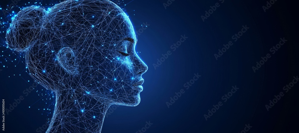 Abstract Digital Human Head on a Blue Background, Artificial Intelligence and Technology Concept. Abstract Digital Human Head on a Blue Background, Artificial Intelligence and Technology Concept.
