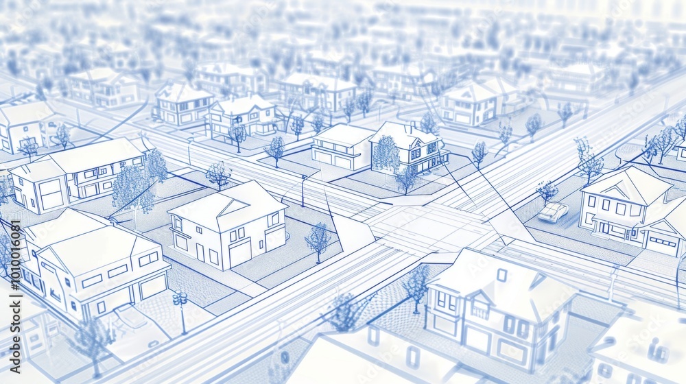 High angle view of a 3D suburban model designed in blue tones, featuring an intricate layout of houses, streets, and greenery, exemplifying urban planning and development. High angle view of a 3D suburban model designed in blue tones, featuring an intricate layout of houses, streets, and greenery, exemplifying urban planning and development.