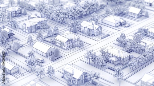 An advanced 3D model showcasing a neighborhood with a detailed layout in blue shades, emphasizing the intricate design of houses, streets, trees, and urban community planning.