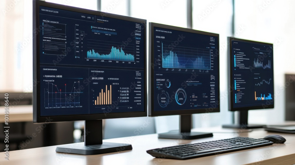 Computer monitor displaying an abstract dashboard with data analytics, graphs and charts Computer monitor displaying an abstract dashboard with data analytics, graphs and charts