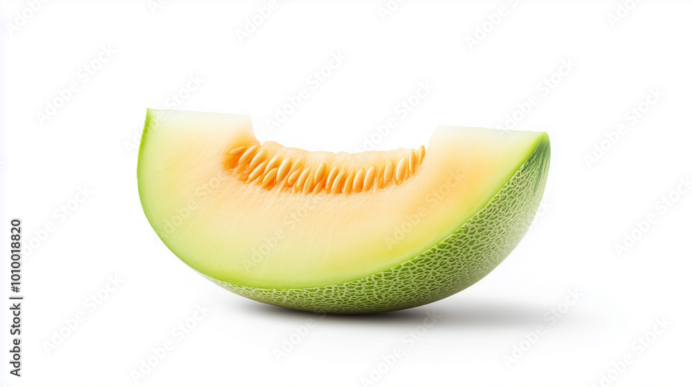 fresh slice of cantaloupe melon with vibrant green rind and juicy orange flesh, isolated on white background. fresh slice of cantaloupe melon with vibrant green rind and juicy orange flesh, isolated on white background.