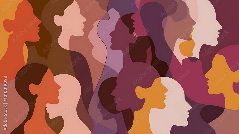Abstract silhouettes of diverse women with soft overlapping color tones Abstract silhouettes of diverse women with soft overlapping color tones