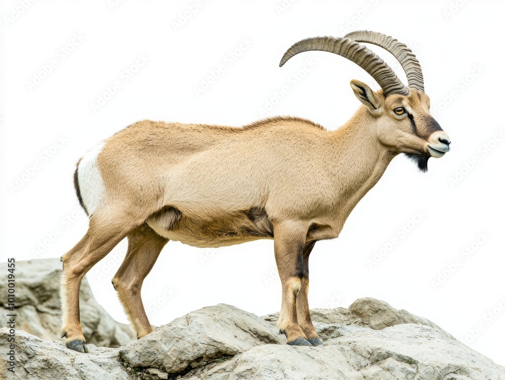 ibex stands proudly atop rugged rocks, its impressive curved horns and muscular build highlighted against a stark white background, symbolizing strength and resilience. ibex stands proudly atop rugged rocks, its impressive curved horns and muscular build highlighted against a stark white background, symbolizing strength and resilience.