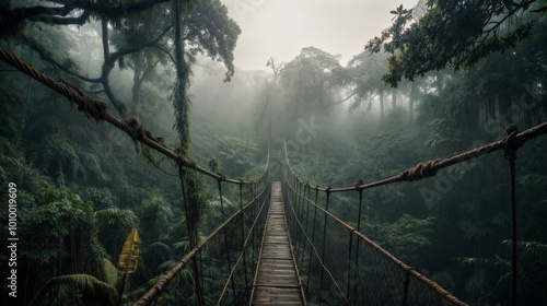 A narrow suspension bridge stretches through a misty jungle, surrounded by dense green foliage and towering trees..