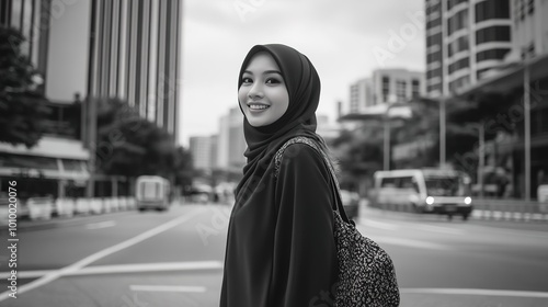  candid photograph capturing a stunning lady in a hijab gracefully walking through the streets of Kuala Lumpur, Malaysia. This captivating image showcases her perfect figure and radiant  photo