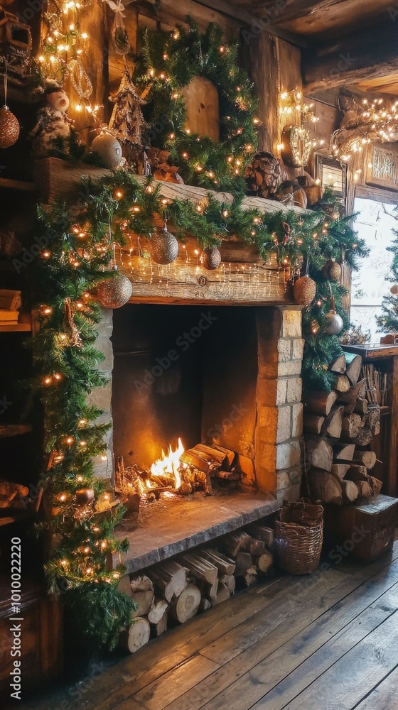 Rustic stone fireplace adorned with festive christmas garlands and cozy new year decorations, warm fire glowing inside for a magical holiday ambiance, fireplaces decor for christmas and new year Rustic stone fireplace adorned with festive christmas garlands and cozy new year decorations, warm fire glowing inside for a magical holiday ambiance, fireplaces decor for christmas and new year