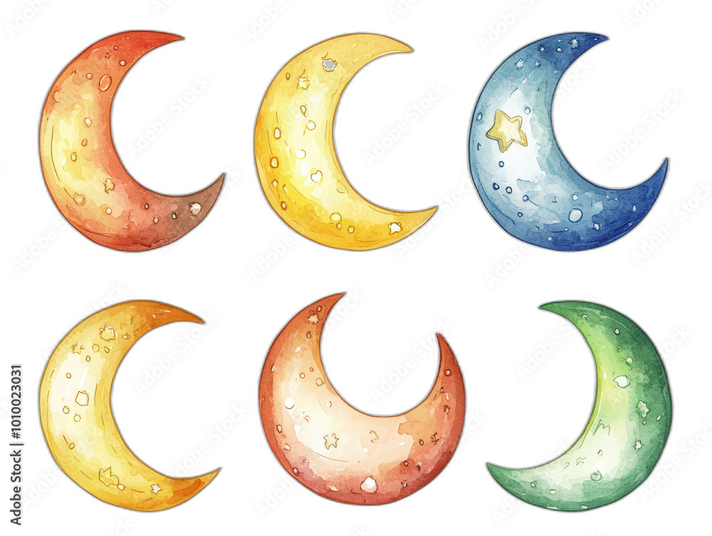 Whimsical Collection of 3D Crescent Moons - Playful Watercolor and Colored Pencil Illustration for Children's Book Whimsical Collection of 3D Crescent Moons - Playful Watercolor and Colored Pencil Illustration for Children's Book