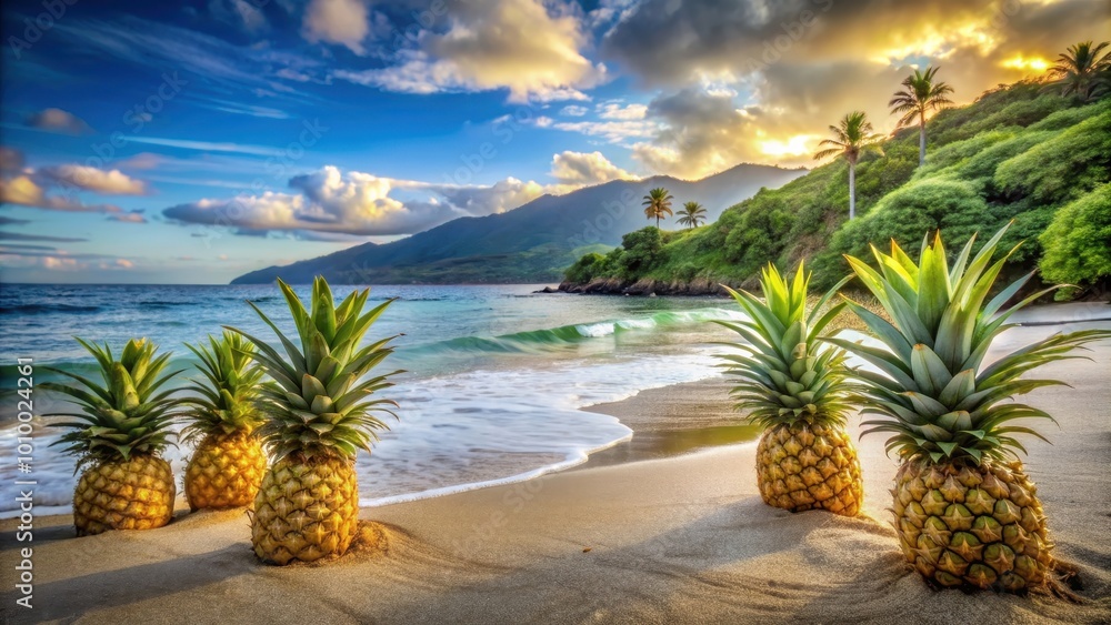 Scenic view of a tranquil coastal landscape with pineapples growing on the shore , tropical, beach, vacation, ocean, sea Scenic view of a tranquil coastal landscape with pineapples growing on the shore , tropical, beach, vacation, ocean, sea