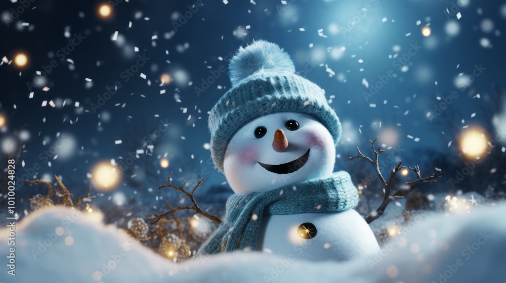 smiling snowman wearing a hat and scarf, standing on the snow surrounded by Christmas decorations. Perfect for holiday cards, website decorations, or wallpapers during the winter and Christmas season smiling snowman wearing a hat and scarf, standing on the snow surrounded by Christmas decorations. Perfect for holiday cards, website decorations, or wallpapers during the winter and Christmas season