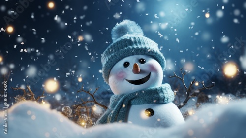 smiling snowman wearing a hat and scarf, standing on the snow surrounded by Christmas decorations. Perfect for holiday cards, website decorations, or wallpapers during the winter and Christmas season