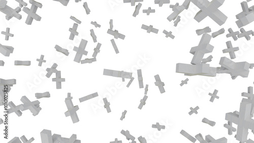 a lot of white crosses are flying through the air