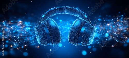 Abstract Blue Headphones, Music and Sound Waves Concept with Glowing Particles. 3D Render. photo